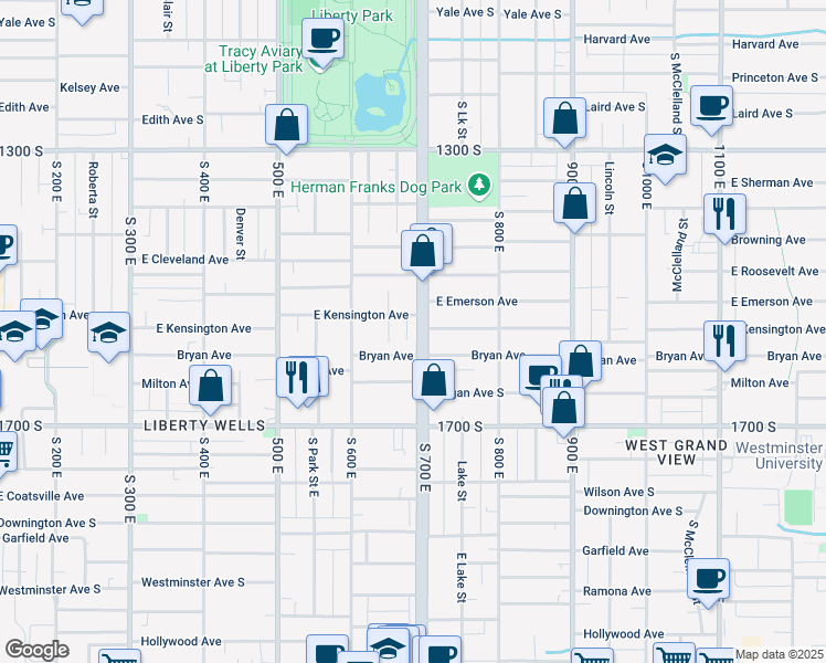 map of restaurants, bars, coffee shops, grocery stores, and more near 1530 South 700 East in Salt Lake City