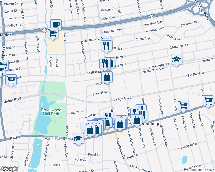 map of restaurants, bars, coffee shops, grocery stores, and more near 5 Wall Street in East Islip