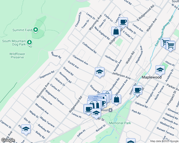 map of restaurants, bars, coffee shops, grocery stores, and more near 11 Euclid Avenue in Maplewood