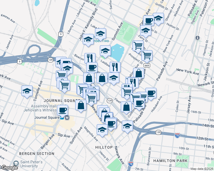map of restaurants, bars, coffee shops, grocery stores, and more near 120 Saint Pauls Avenue in Jersey City