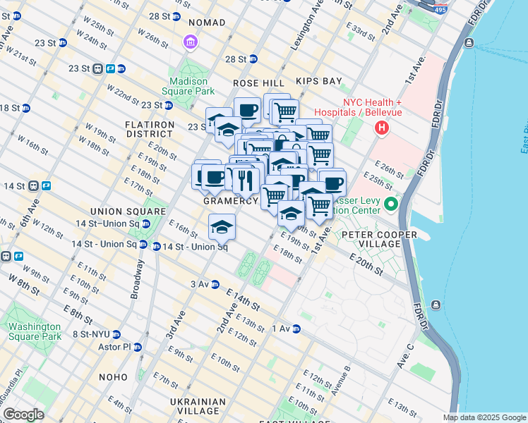 map of restaurants, bars, coffee shops, grocery stores, and more near 230 East 20th Street in New York