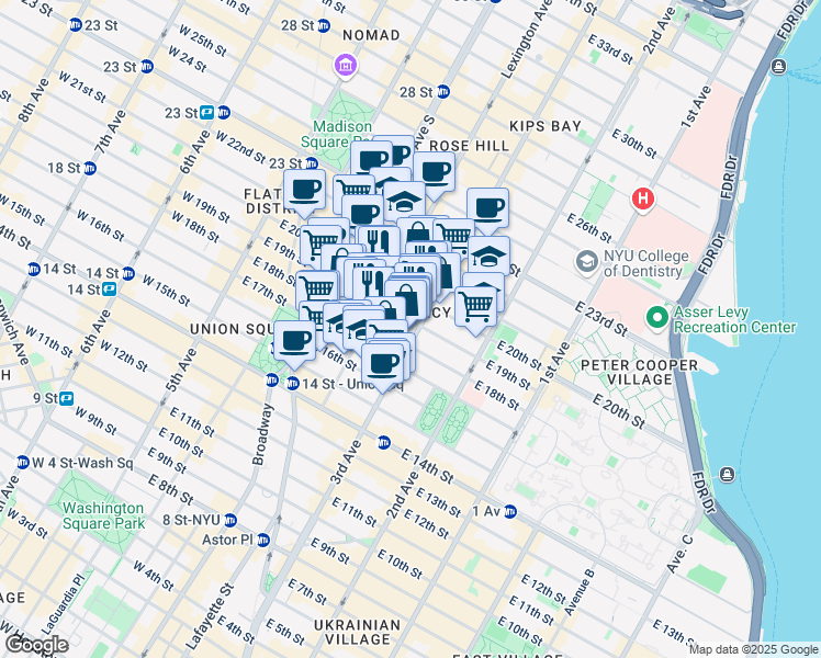 map of restaurants, bars, coffee shops, grocery stores, and more near 127 East 19th Street in New York