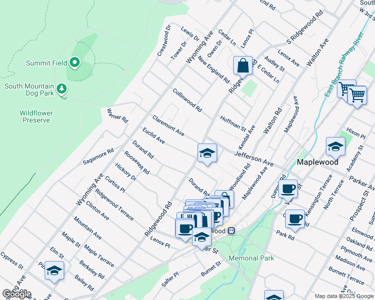 map of restaurants, bars, coffee shops, grocery stores, and more near 11 Euclid Avenue in Maplewood