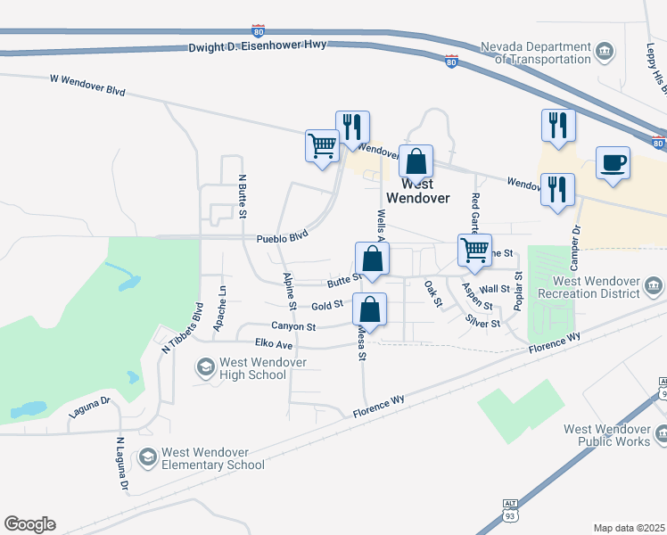 map of restaurants, bars, coffee shops, grocery stores, and more near 1816 Butte Street in West Wendover