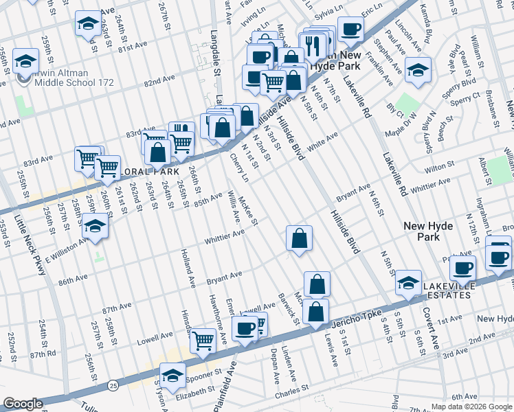 map of restaurants, bars, coffee shops, grocery stores, and more near 965 North 1st Street in New Hyde Park