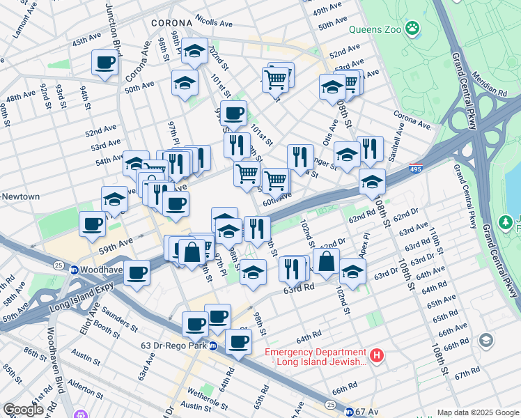 map of restaurants, bars, coffee shops, grocery stores, and more near 99-11 60th Avenue in Queens