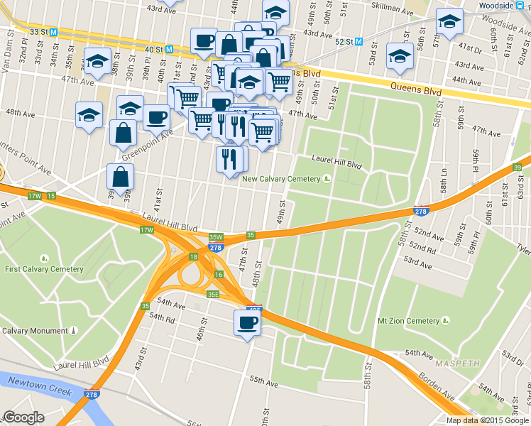 map of restaurants, bars, coffee shops, grocery stores, and more near 50-06 48th Street in Queens