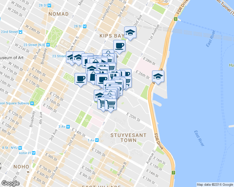 map of restaurants, bars, coffee shops, grocery stores, and more near 320 East 23rd Street in New York