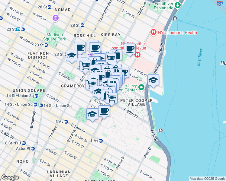 map of restaurants, bars, coffee shops, grocery stores, and more near 320 East 23rd Street in New York