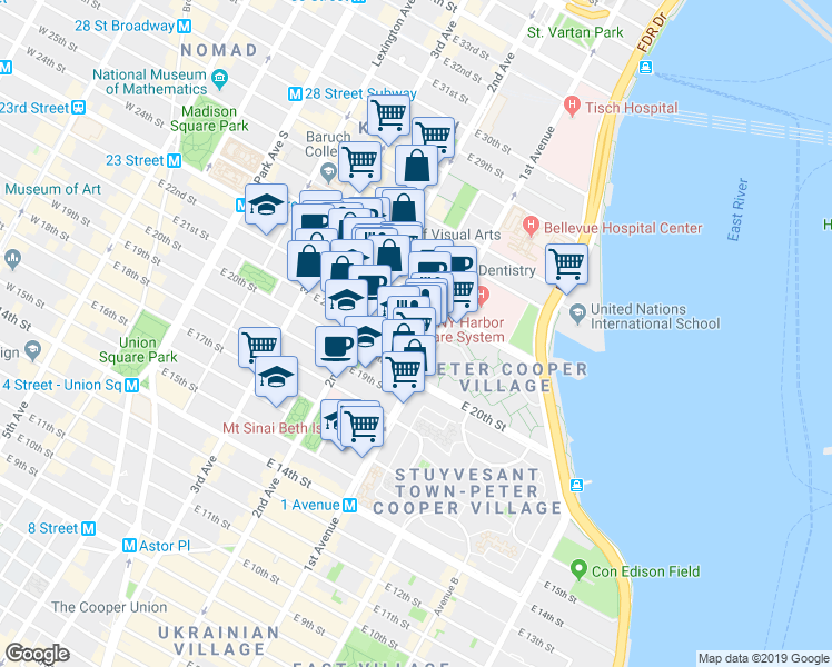 map of restaurants, bars, coffee shops, grocery stores, and more near 320 East 23rd Street in New York
