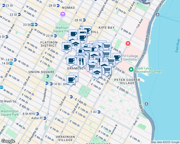 map of restaurants, bars, coffee shops, grocery stores, and more near 224 East 21st Street in New York