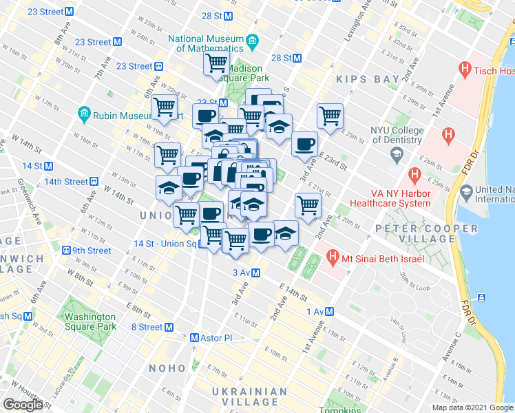 map of restaurants, bars, coffee shops, grocery stores, and more near 117 East 18th Street in New York