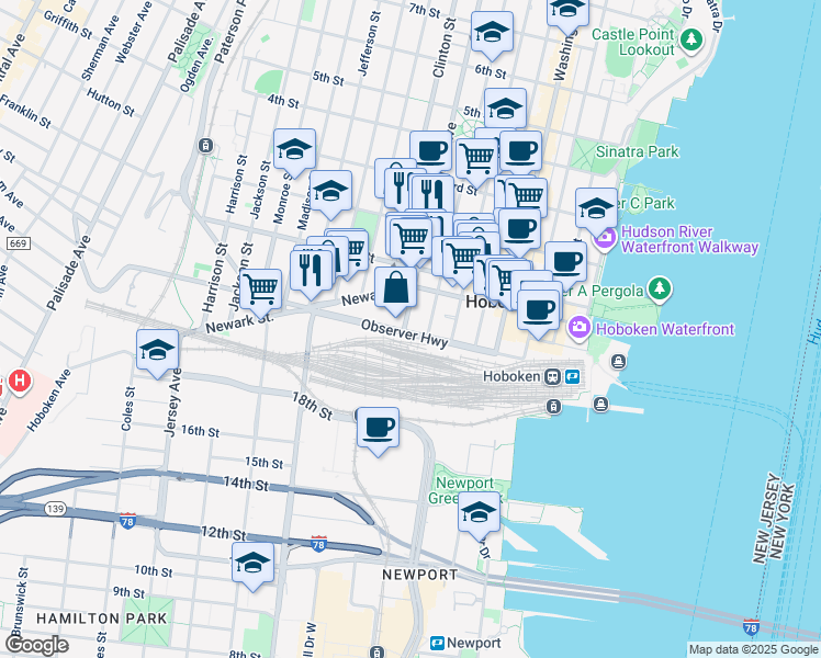 map of restaurants, bars, coffee shops, grocery stores, and more near 300 Observer Highway in Hoboken