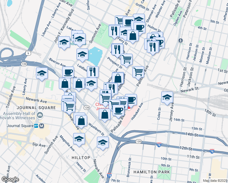 map of restaurants, bars, coffee shops, grocery stores, and more near 61 Jefferson Avenue in Jersey City