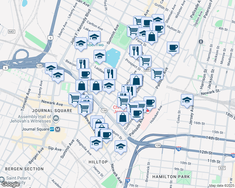 map of restaurants, bars, coffee shops, grocery stores, and more near 79 Laidlaw Avenue in Jersey City