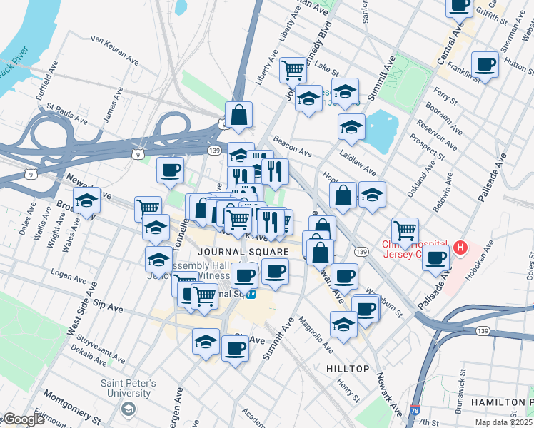 map of restaurants, bars, coffee shops, grocery stores, and more near 225 Saint Pauls Avenue in Jersey City