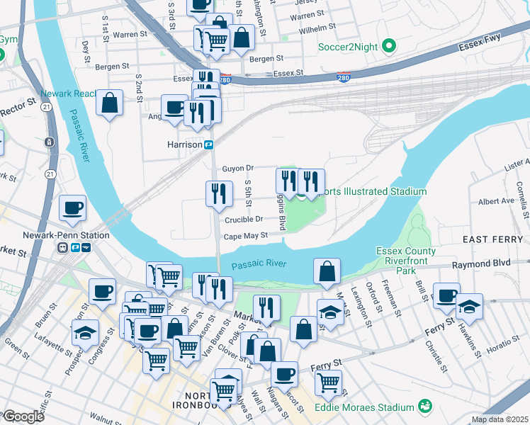 map of restaurants, bars, coffee shops, grocery stores, and more near 900 Frank E Rodgers Boulevard South in Harrison
