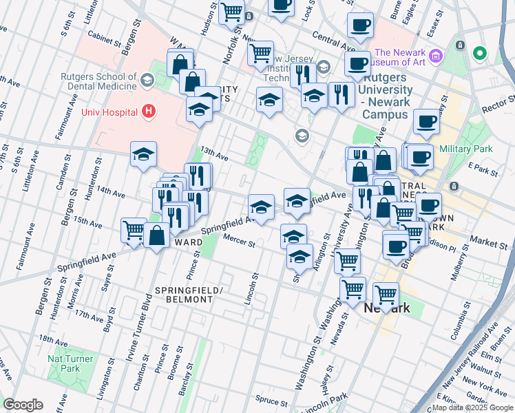 map of restaurants, bars, coffee shops, grocery stores, and more near 73 Howard Street in Newark