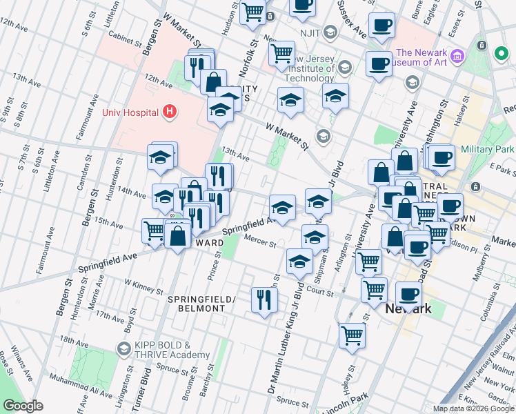 map of restaurants, bars, coffee shops, grocery stores, and more near 59 South Orange Avenue in Newark