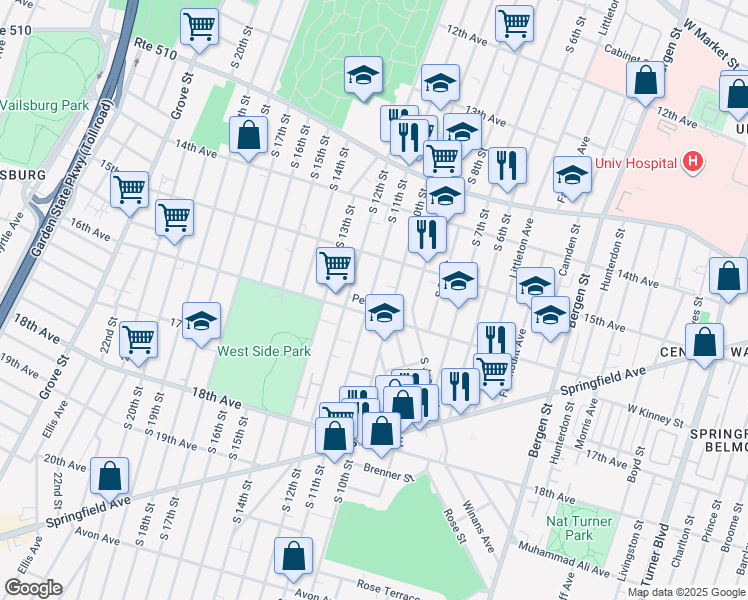 map of restaurants, bars, coffee shops, grocery stores, and more near 488 South 12th Street in Newark