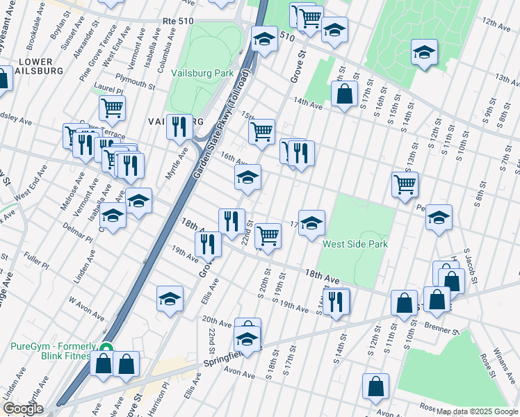 map of restaurants, bars, coffee shops, grocery stores, and more near 245 22nd Street in Irvington