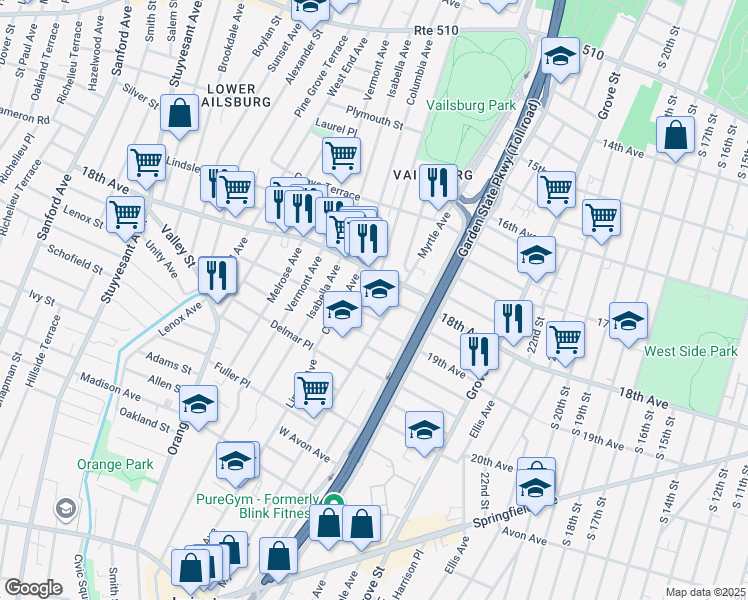 map of restaurants, bars, coffee shops, grocery stores, and more near 829 18th Avenue in Irvington