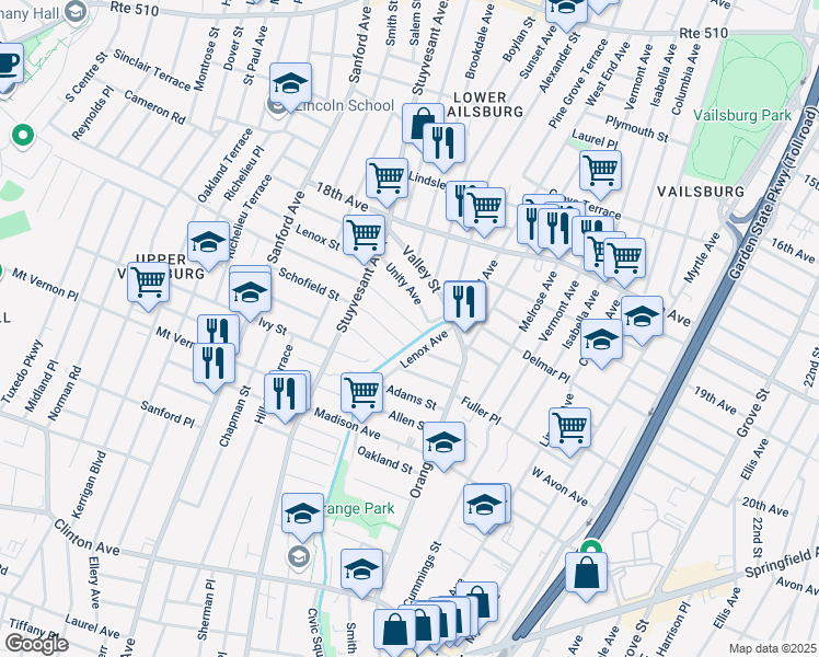 map of restaurants, bars, coffee shops, grocery stores, and more near 29-31 Underwood Street in Newark