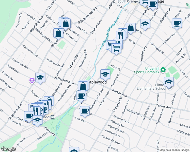 map of restaurants, bars, coffee shops, grocery stores, and more near 467 Valley Street in Maplewood