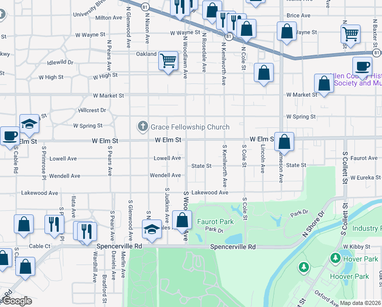 map of restaurants, bars, coffee shops, grocery stores, and more near 301 S Woodlawn Ave in Lima