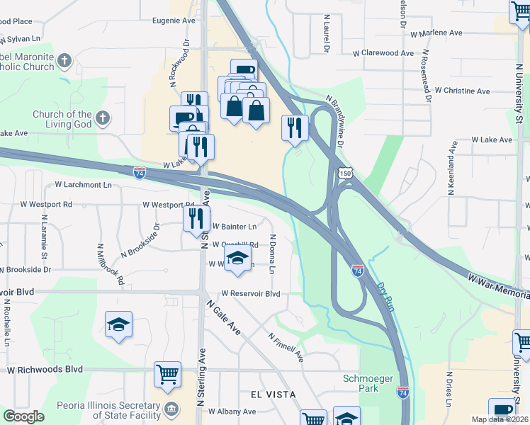 map of restaurants, bars, coffee shops, grocery stores, and more near Interstate 74 in Peoria