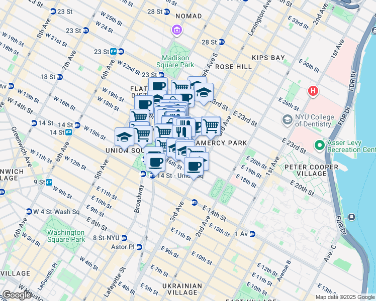 map of restaurants, bars, coffee shops, grocery stores, and more near 117 East 18th Street in New York