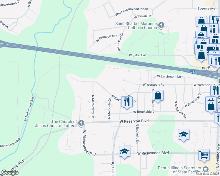 map of restaurants, bars, coffee shops, grocery stores, and more near 3527 West Saymore Lane in Peoria