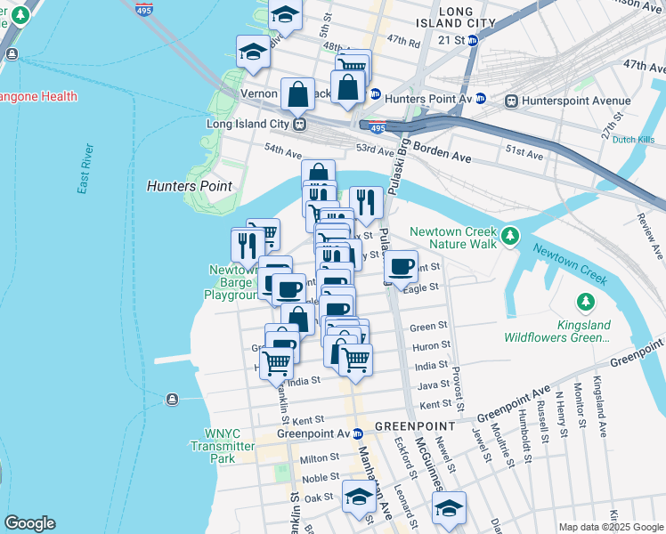 map of restaurants, bars, coffee shops, grocery stores, and more near 1107 Manhattan Avenue in Brooklyn