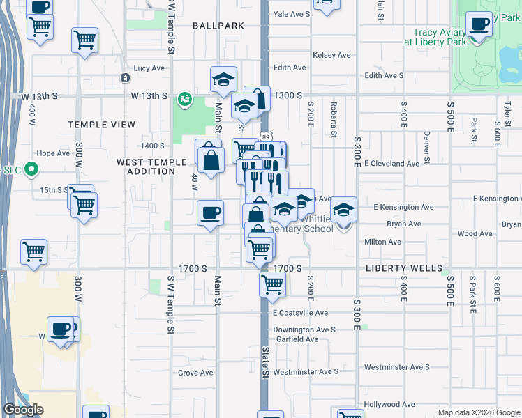 map of restaurants, bars, coffee shops, grocery stores, and more near 1530 South State Street in Salt Lake City