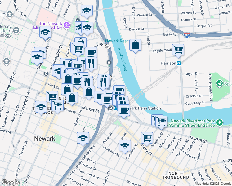 map of restaurants, bars, coffee shops, grocery stores, and more near in Newark