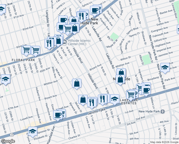 map of restaurants, bars, coffee shops, grocery stores, and more near 8 North 4th Street in New Hyde Park