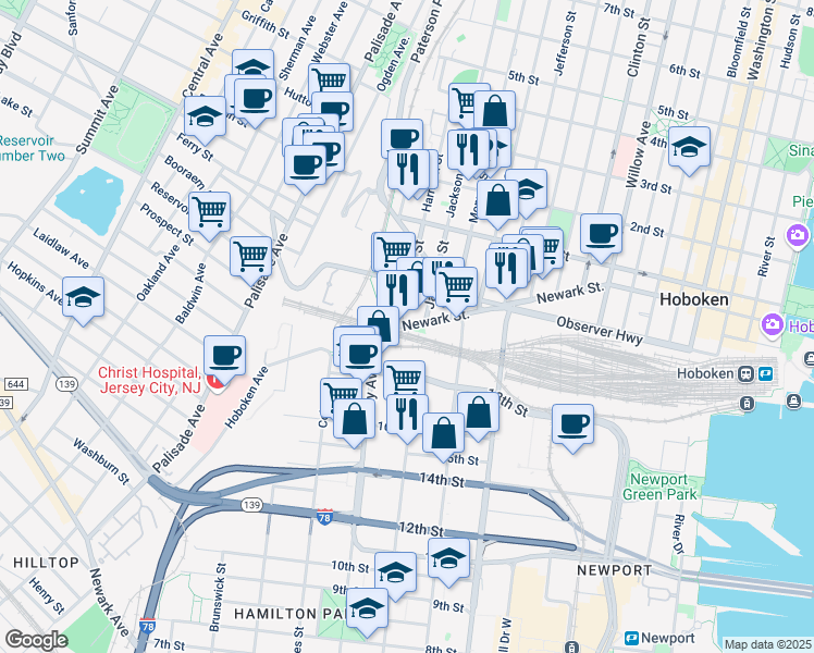 map of restaurants, bars, coffee shops, grocery stores, and more near 34 Harrison Street in Hoboken