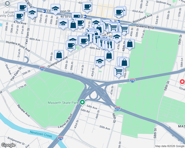 map of restaurants, bars, coffee shops, grocery stores, and more near 50-24 43rd Street in Queens