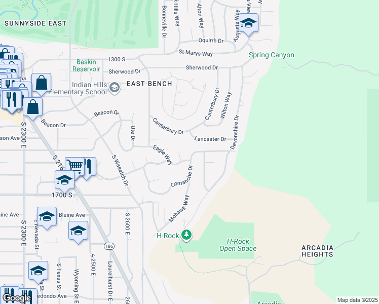 map of restaurants, bars, coffee shops, grocery stores, and more near 2777 East Comanche Drive in Salt Lake City