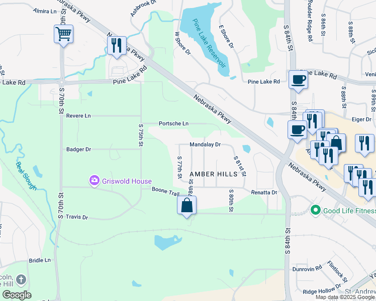 map of restaurants, bars, coffee shops, grocery stores, and more near 7710 Mandalay Drive in Lincoln