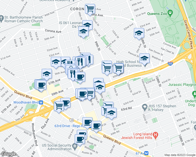 map of restaurants, bars, coffee shops, grocery stores, and more near 98-17 Horace Harding Expressway in Queens