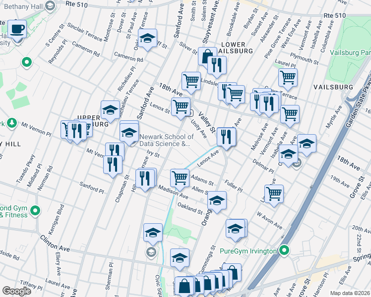 map of restaurants, bars, coffee shops, grocery stores, and more near 274 Stuyvesant Avenue in Newark