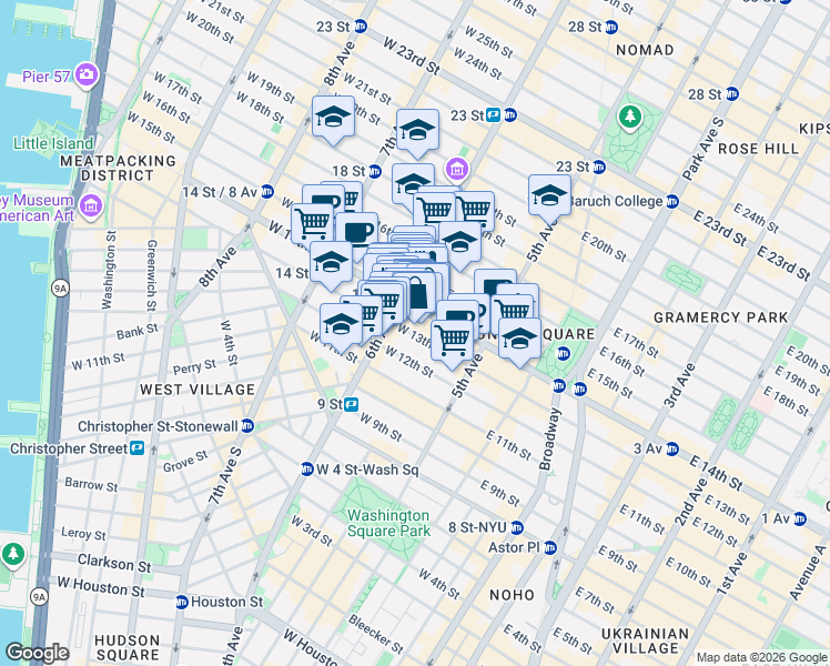 map of restaurants, bars, coffee shops, grocery stores, and more near 39 West 14th Street in New York