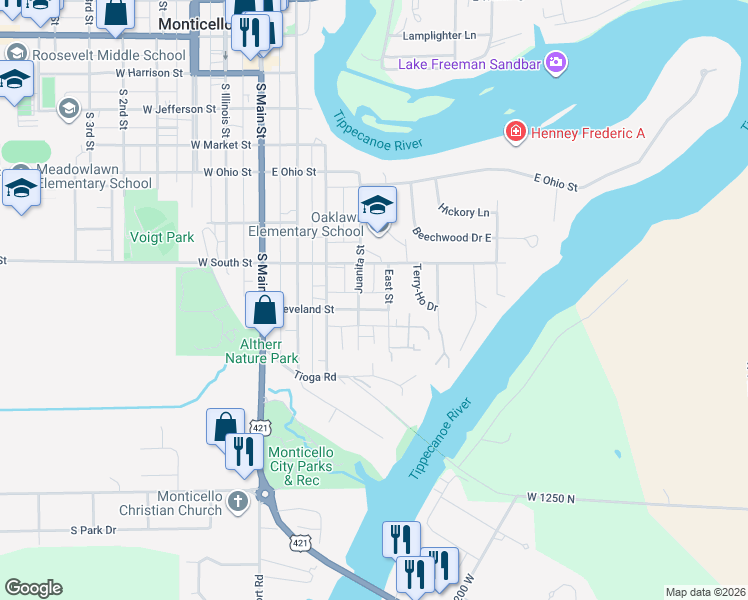 map of restaurants, bars, coffee shops, grocery stores, and more near 615 Juanita Street in Monticello