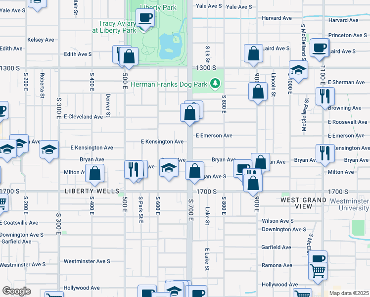 map of restaurants, bars, coffee shops, grocery stores, and more near 1530 South 700 East in Salt Lake City