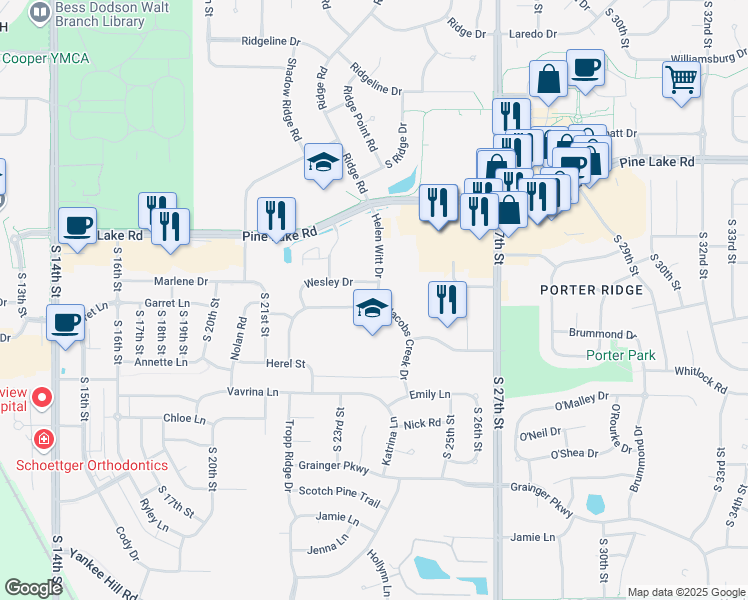 map of restaurants, bars, coffee shops, grocery stores, and more near 7401 Jacobs Creek Drive in Lincoln