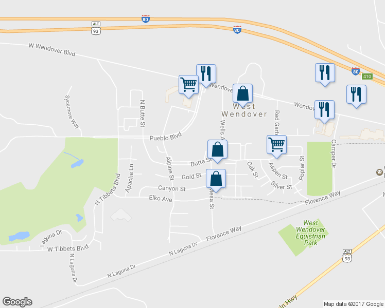 map of restaurants, bars, coffee shops, grocery stores, and more near 1816 Butte Street in West Wendover