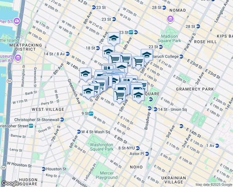 map of restaurants, bars, coffee shops, grocery stores, and more near 31 West 14th Street in New York