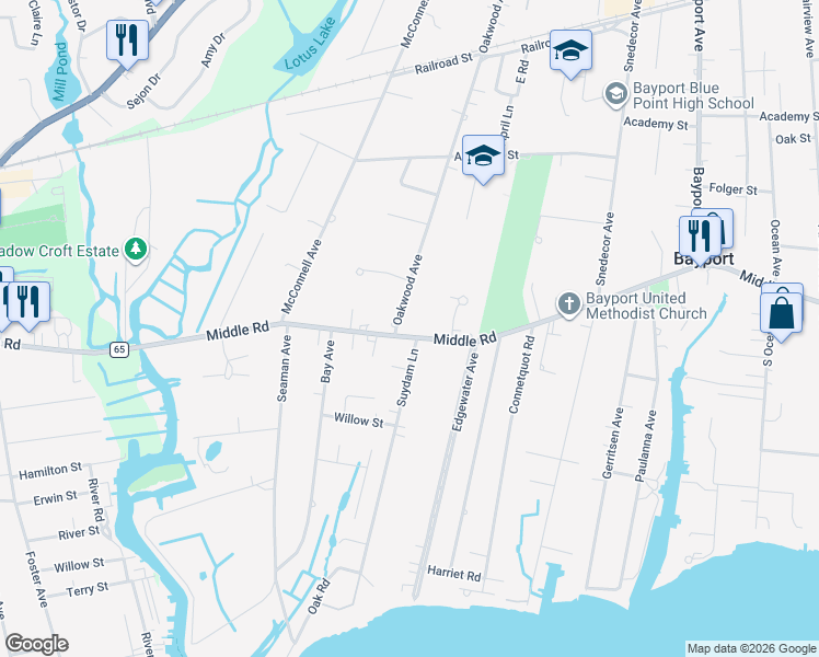 map of restaurants, bars, coffee shops, grocery stores, and more near 35 Oakwood Avenue in Bayport