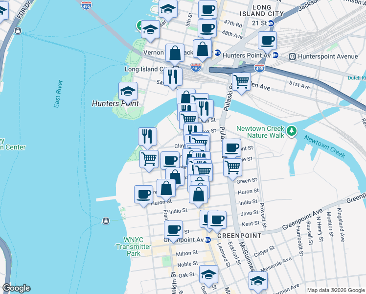 map of restaurants, bars, coffee shops, grocery stores, and more near 18 Box Street in Brooklyn